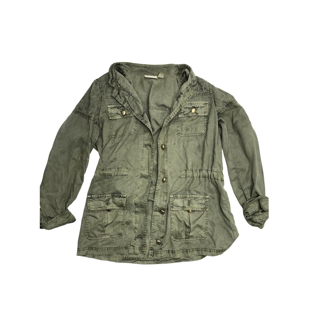 Embroidered Olive Green Jacket Soft Utility Cinch Waist Chicos Size 1 Button Up